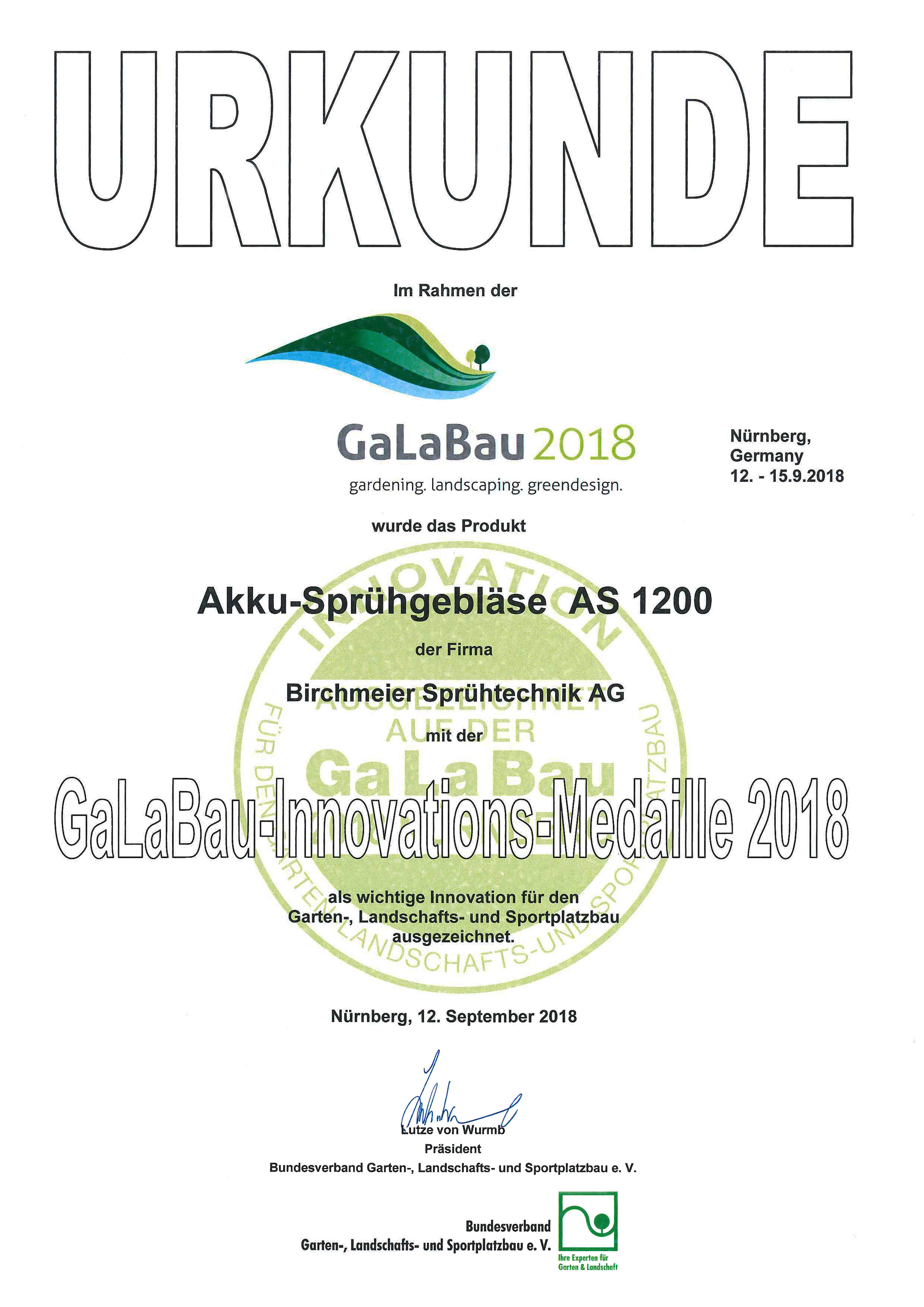 Akku Sprühgebläse Birchmeier Auszeichnung Galabau Messe Nürnberg